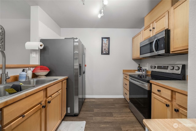 kitchen featuring light brown cabinets, appliances with stainless steel finishes, dark hardwood / wood-style floors, and sink