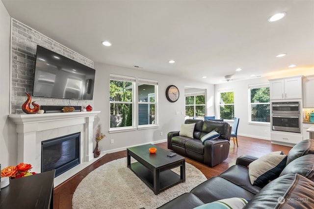 living room with plenty of natural light, a large fireplace, and wood-type flooring