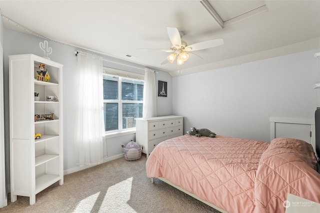 bedroom featuring carpet floors and ceiling fan