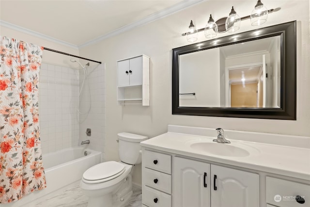 full bathroom with shower / bath combination with curtain, ornamental molding, vanity, and toilet