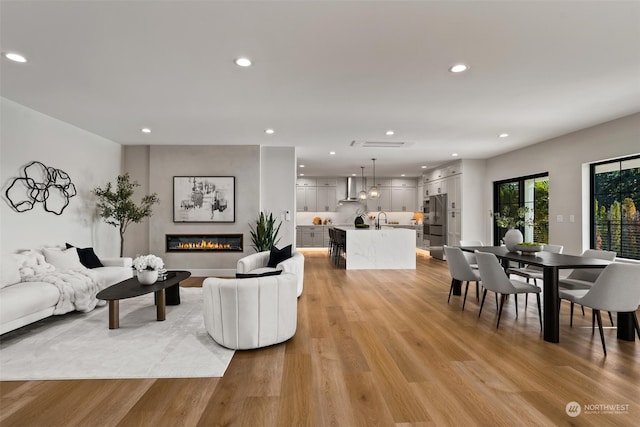 living room featuring sink and light hardwood / wood-style flooring