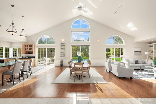 dining room with ceiling fan, light wood-type flooring, high vaulted ceiling, and a wealth of natural light