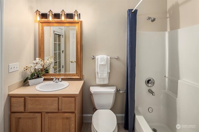 full bathroom with vanity, toilet, and shower / bath combination with curtain