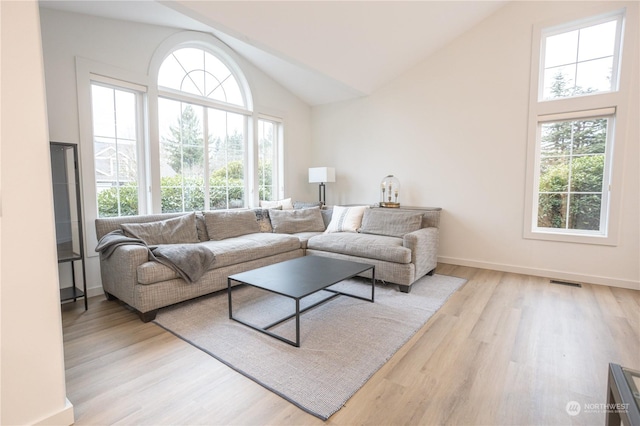 living room featuring lofted ceiling, light hardwood / wood-style floors, and a healthy amount of sunlight