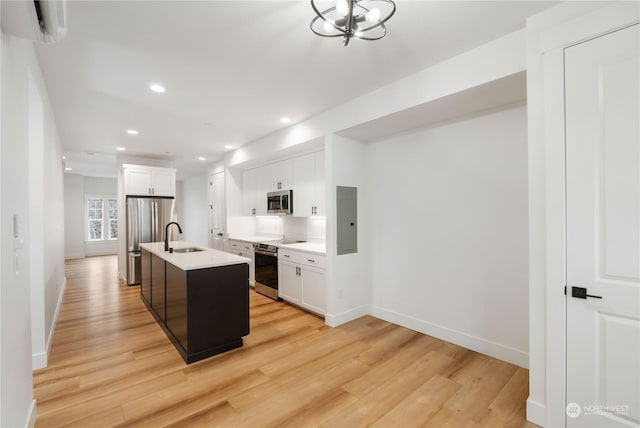 kitchen with light hardwood / wood-style flooring, a center island with sink, electric panel, stainless steel appliances, and white cabinets