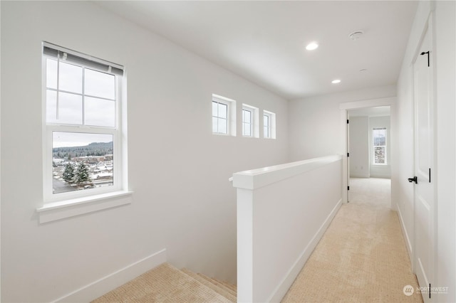 hall featuring light colored carpet