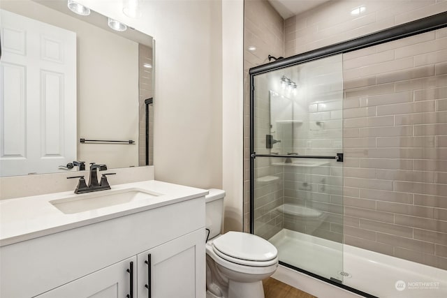 bathroom with vanity, an enclosed shower, and toilet