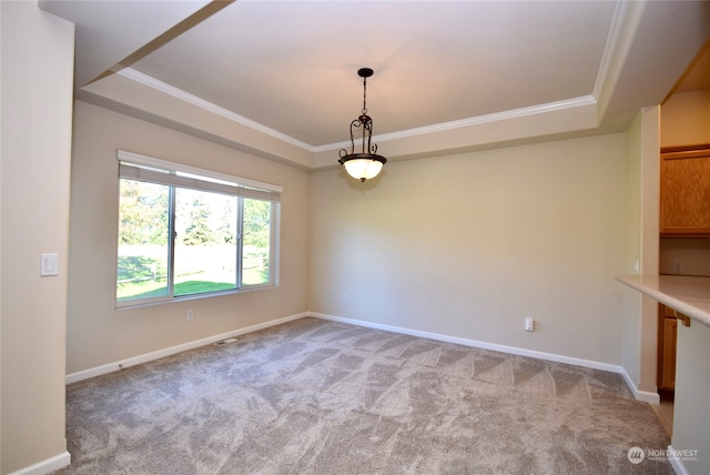 unfurnished room with light carpet, crown molding, and a raised ceiling