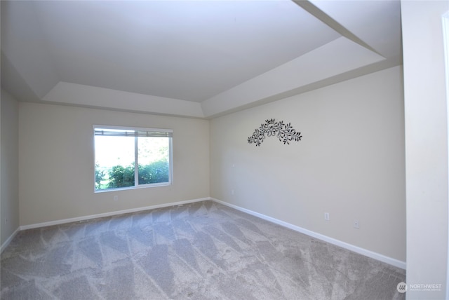 carpeted empty room with a tray ceiling