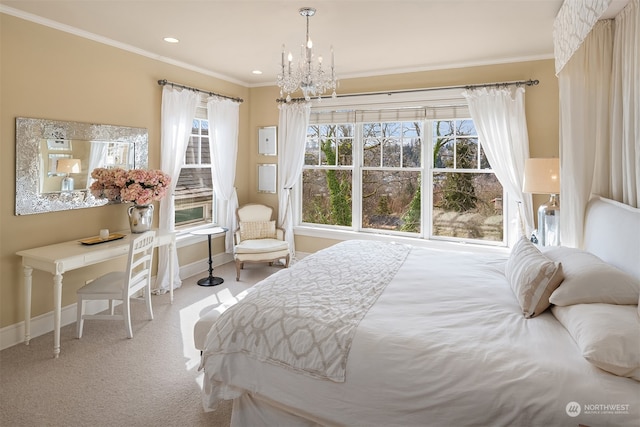 carpeted bedroom with multiple windows, crown molding, and an inviting chandelier