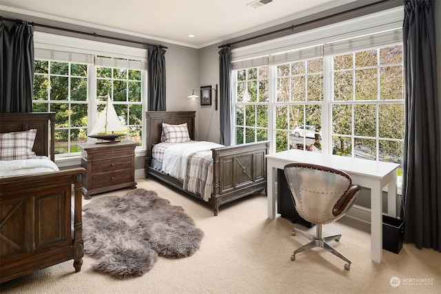 bedroom featuring light carpet, multiple windows, and crown molding