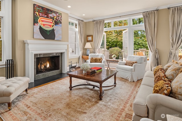 living room featuring a premium fireplace, crown molding, and hardwood / wood-style flooring