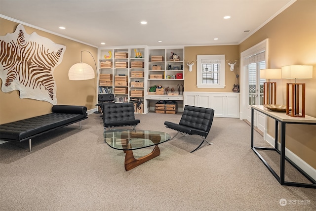 carpeted living room featuring built in desk and ornamental molding