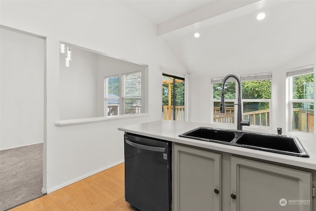 kitchen featuring vaulted ceiling, sink, stainless steel dishwasher, and a healthy amount of sunlight