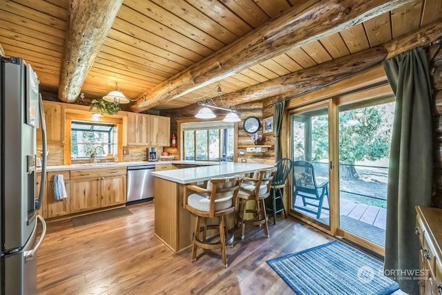 kitchen with appliances with stainless steel finishes, hardwood / wood-style floors, beam ceiling, and a wealth of natural light