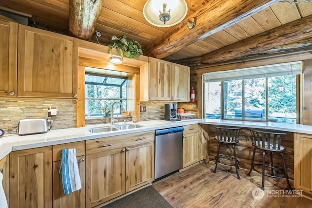 kitchen featuring sink, wooden ceiling, stainless steel dishwasher, hardwood / wood-style flooring, and decorative backsplash