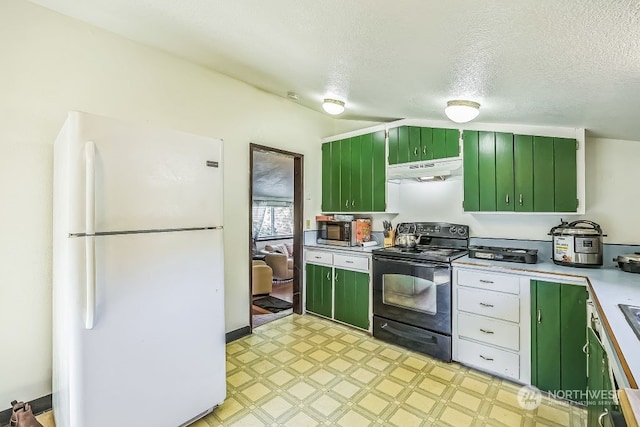 kitchen with green cabinetry, electric range, and white refrigerator