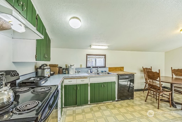 kitchen featuring sink, a textured ceiling, black appliances, and green cabinets