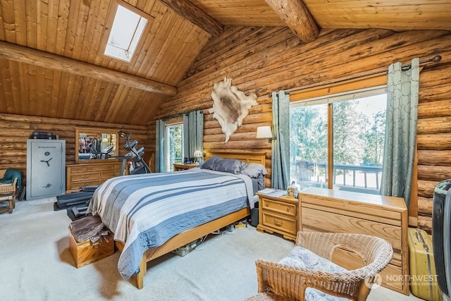 carpeted bedroom with vaulted ceiling with skylight, wooden ceiling, and log walls