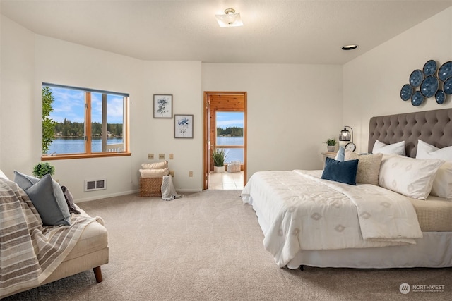 2210E Mason Lake Dr W, Grapeview, WA 98546 - bedroom with carpet floors, a water view, and baseboards