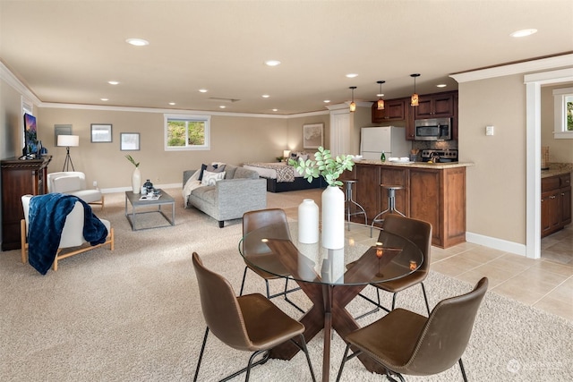 2210E Mason Lake Dr W, Grapeview, WA 98546 - dining room with recessed lighting, ornamental molding, baseboards, and light tile patterned floors