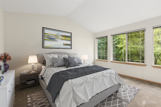 bedroom featuring vaulted ceiling, carpet flooring, and baseboards