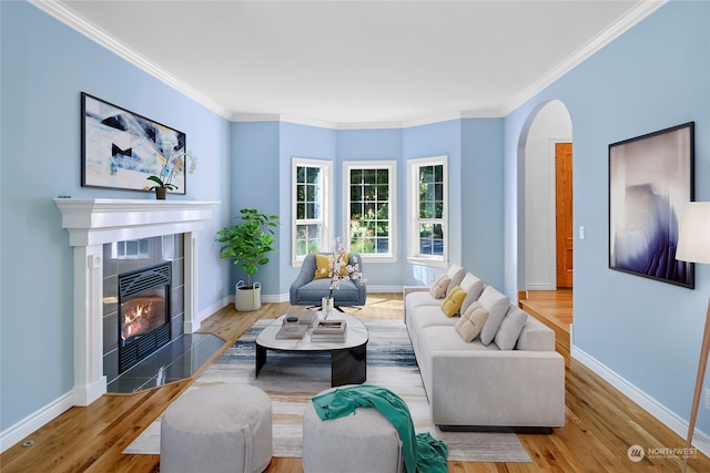 living room with ornamental molding, a fireplace, and light hardwood / wood-style floors