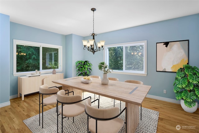 dining room with radiator heating unit, light wood-type flooring, and an inviting chandelier