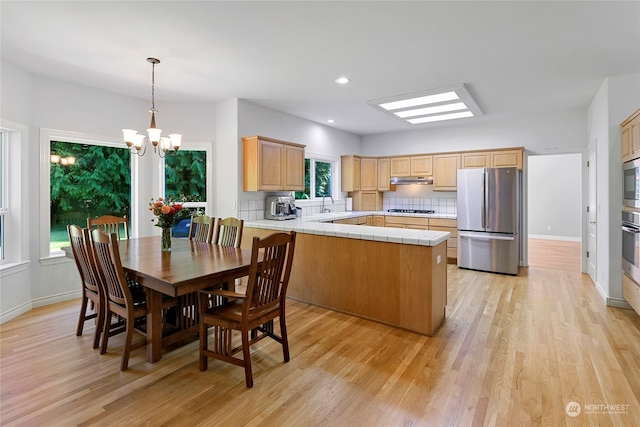 kitchen featuring light hardwood / wood-style flooring, stainless steel appliances, kitchen peninsula, and a wealth of natural light