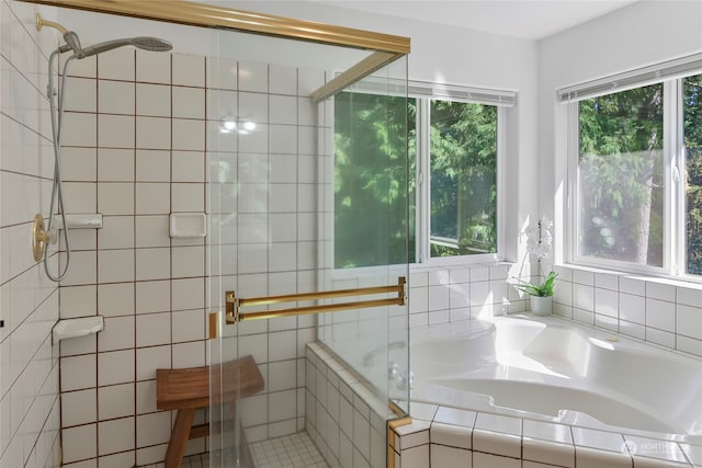 bathroom with separate shower and tub and a healthy amount of sunlight