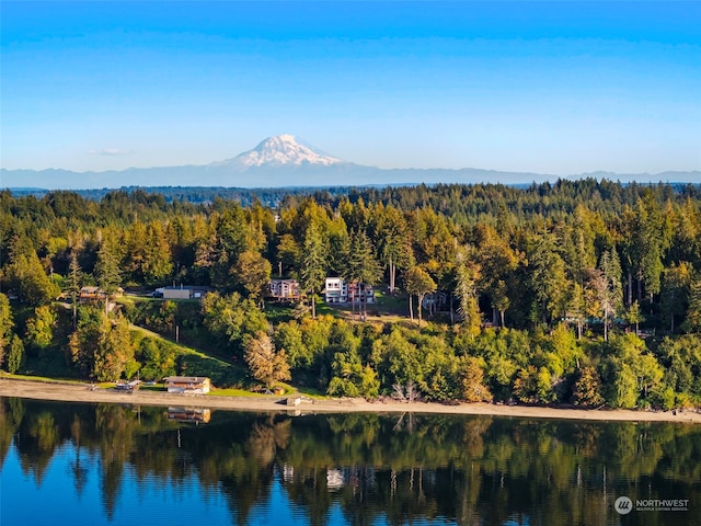 drone / aerial view featuring a water and mountain view