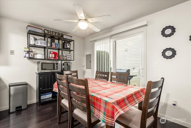 dining space featuring ceiling fan and dark hardwood / wood-style flooring