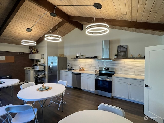 kitchen featuring decorative light fixtures, stainless steel appliances, white cabinetry, and exhaust hood