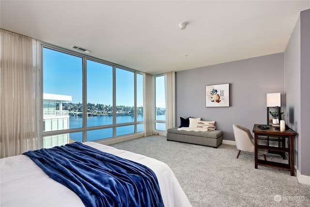 carpeted bedroom featuring a water view