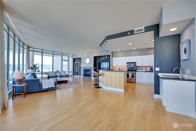 living room featuring light wood-type flooring and sink