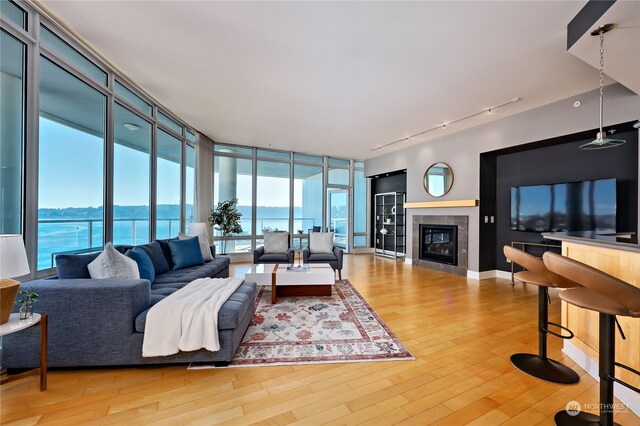 living room with a water view, hardwood / wood-style floors, and a wealth of natural light