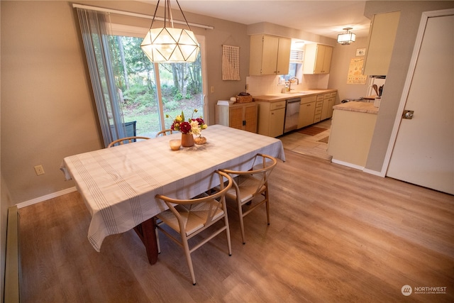 dining area featuring sink and light hardwood / wood-style floors