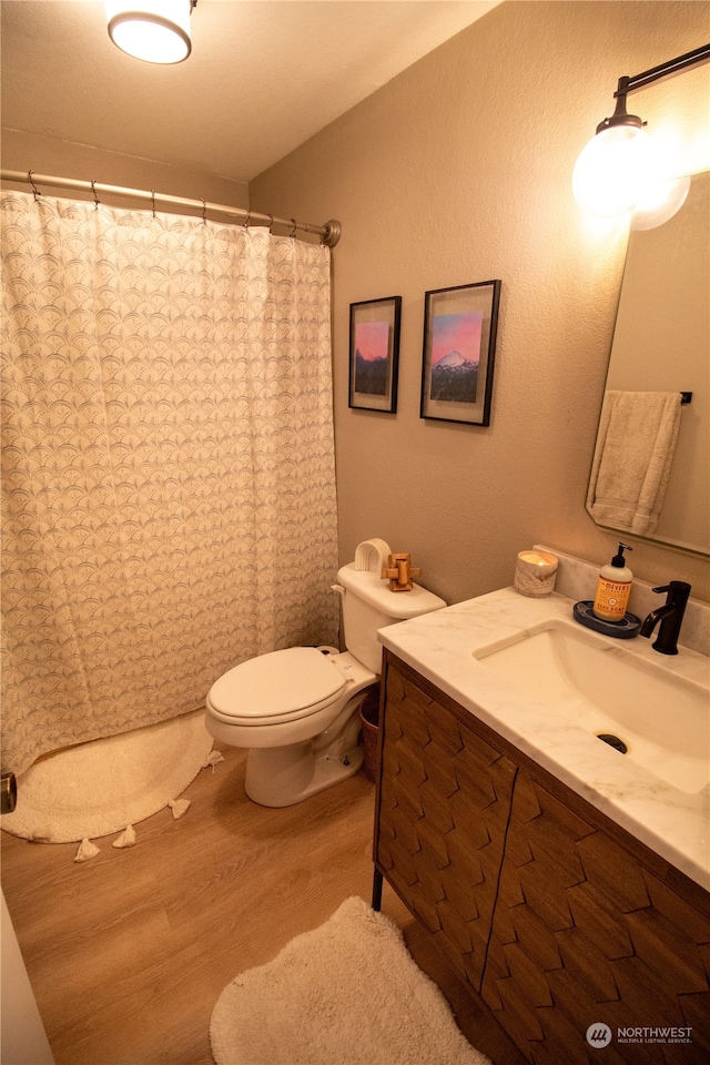 bathroom with hardwood / wood-style flooring, vanity, walk in shower, and toilet