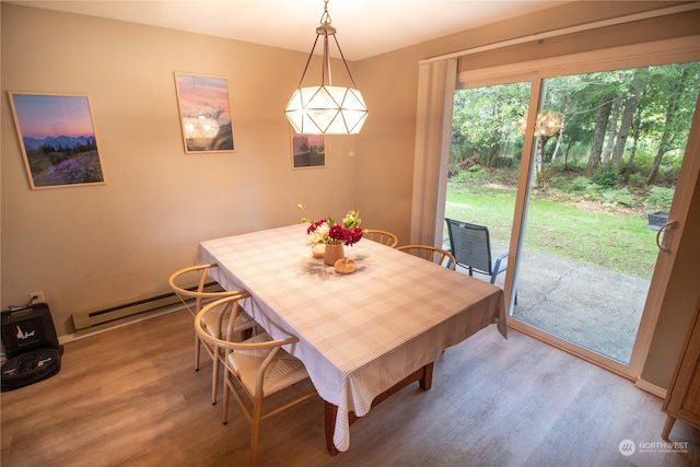 dining space with hardwood / wood-style flooring and baseboard heating