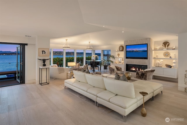 living room featuring light wood-type flooring, a fireplace, and a water view