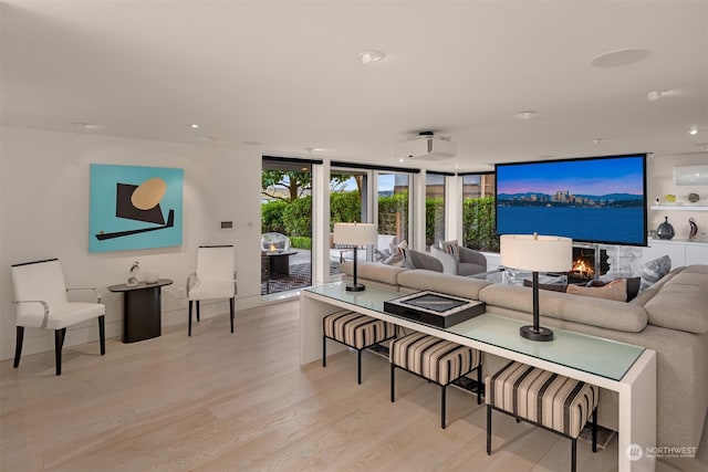 living room featuring expansive windows and light hardwood / wood-style flooring