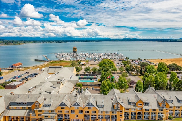 bird's eye view with a water view