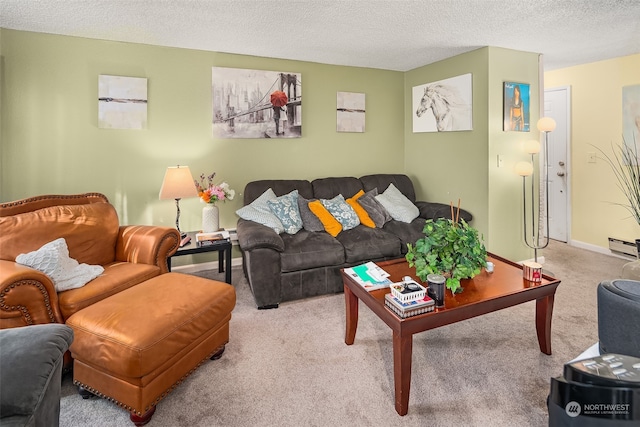 carpeted living room featuring a baseboard radiator and a textured ceiling