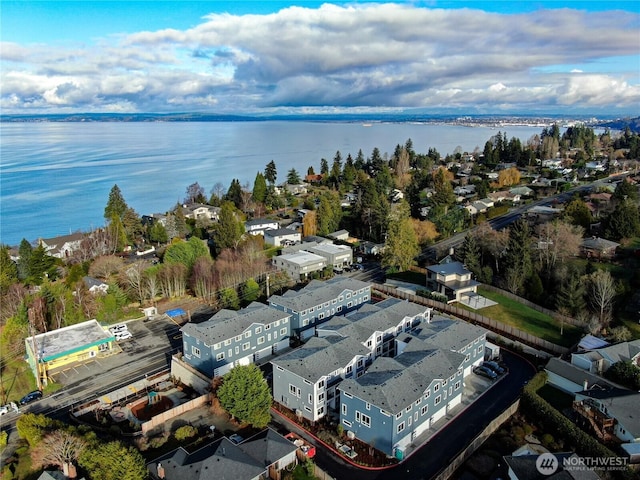 bird's eye view with a residential view and a water view