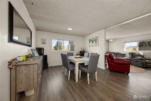 dining space featuring a textured ceiling, dark wood-type flooring, and a healthy amount of sunlight