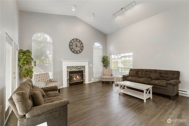 living room featuring a fireplace, rail lighting, dark hardwood / wood-style floors, and a baseboard radiator