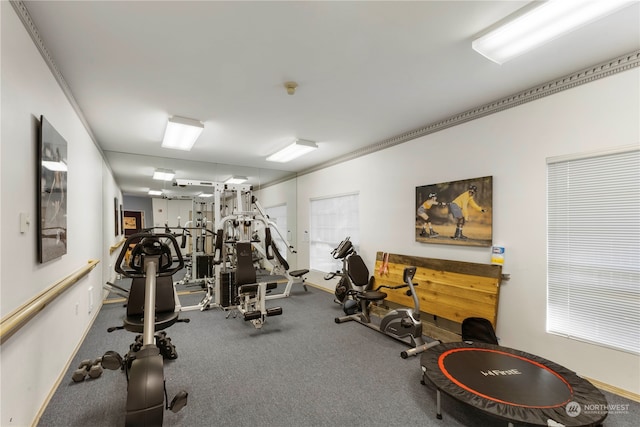 workout room with ornamental molding