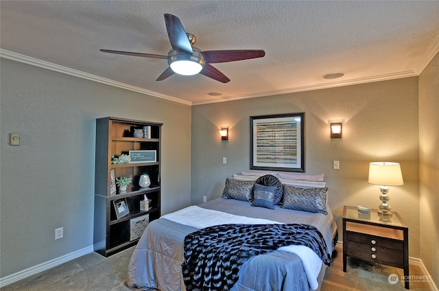 bedroom featuring ornamental molding, a textured ceiling, carpet floors, and ceiling fan