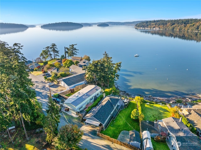 drone / aerial view with a water view