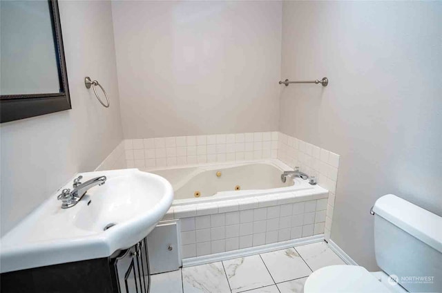 bathroom featuring toilet and tiled bath